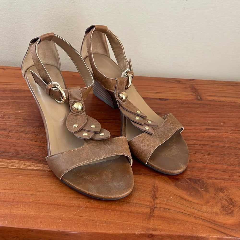 Tan and gold boho block heel sandal